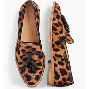 Talbots Leighton Black & Brown Leopard Print Calf Hair Tassel Loafers Size 6M